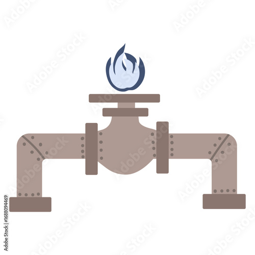 Industrial pipeline valve with a blue flame representing natural gas energy