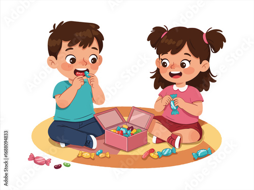Happy cute little kid boy and girl eat candy and sweets - friendship