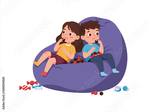 Happy cute little kid boy and girl eat candy and sweets