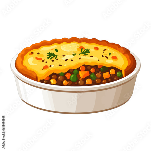Savory Pie with Golden Topping in White Dish Featuring Ground Meat Peas and Carrots against a White Background