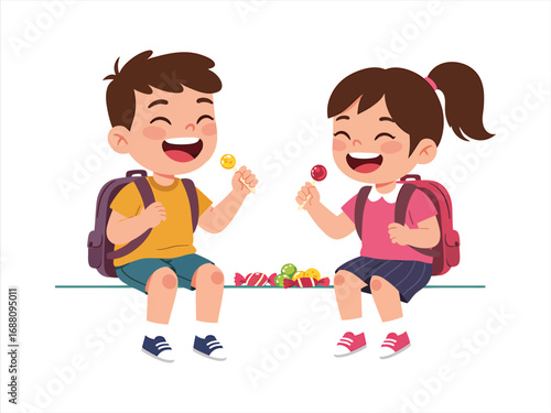 Happy cute little kid boy and girl eat candy and sweets