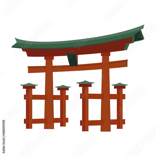 Japanese Torii Gate Illustration in Brown and Green Hues