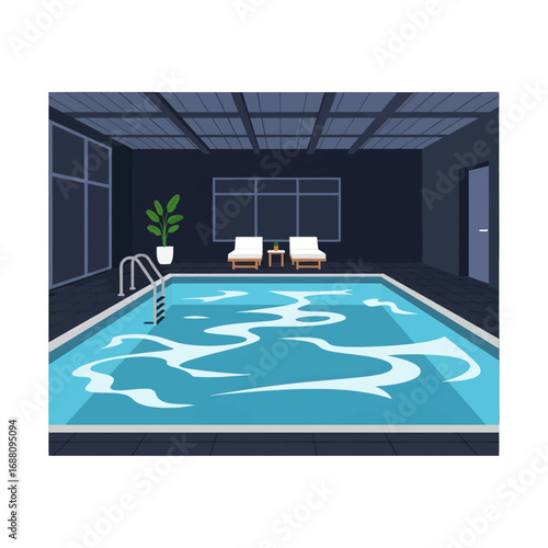 Pixel Art of Indoor Swimming Pool with Dark Blue Walls and Two White Lounge Chairs Under Artificial Lighting with Wavy Water Surface