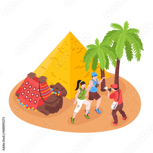 Tourists in Egypt Exploring Pyramids, Camels, and Palm Trees in Isometric