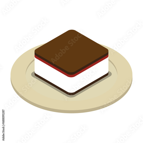 Delicious Square Cake Slice with Chocolate and Cream on a Plate
