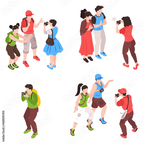 Set Isometric Illustrations of Tourists and Photographers