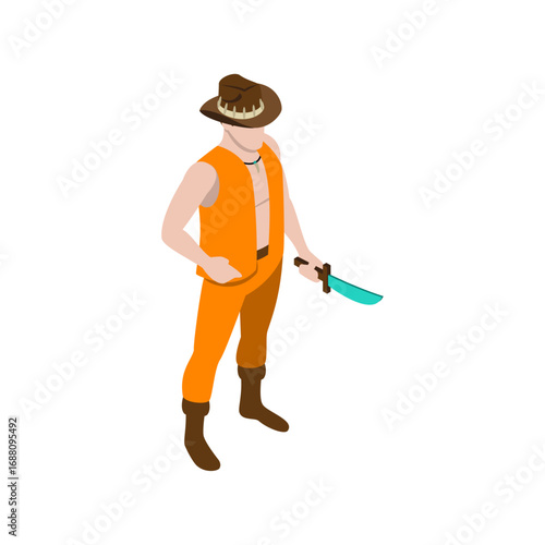 Isometric cowboy character holding a sword in an orange outfit