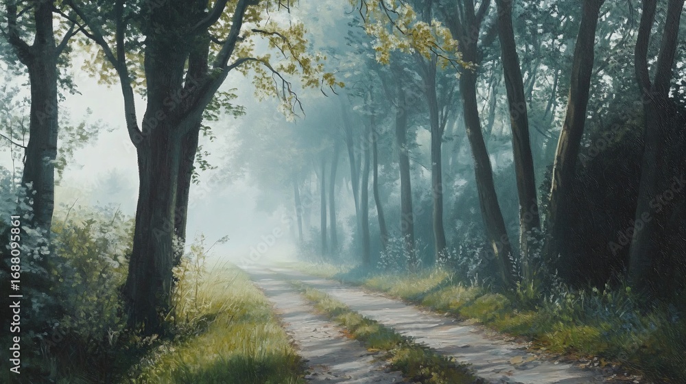 Fototapeta premium A Tranquil Morning, Fog-Laden Path through a Picturesque Forest