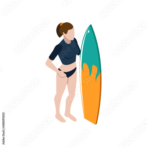 Isometric Illustration of a Surfer Standing Next to a Surfboard on White Background