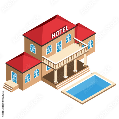 Isometric hotel building with a swimming pool and porch for vacation or travel concept