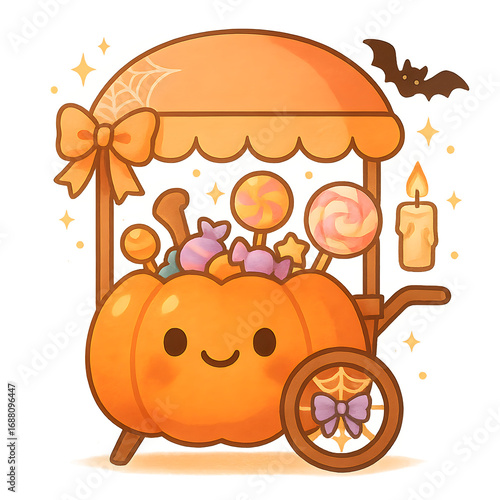 Kawaii Pumpkin Candy Cart PNG | Chibi Halloween Pumpkin Cart with Sweets