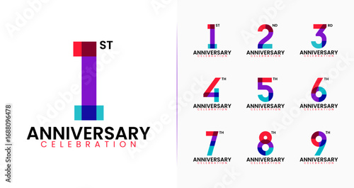 Geometric number anniversary logo. Birthday symbol with overlap colorful shape and modern concept for age celebration