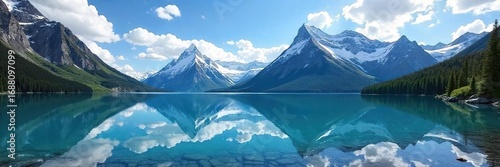 Majestic Canadian Rockies mountain range, snow-capped peaks reflecting in a pristine glacial lake under a vibrant blue sky A breathtaking view of untouched wilderness , sky, picturesque