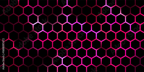 Medical or tech dark background with pink hexagon abstract pattern and bright flare. Realistic 3d vector illustration of science and technology wallpaper or banner with geometric honeycomb texture. 