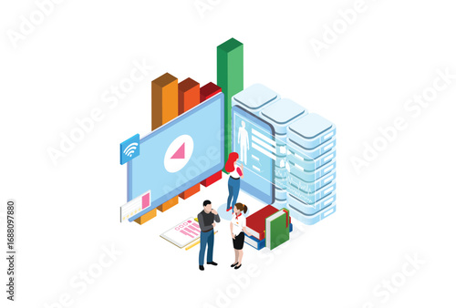 Modern Isometric Smart E-Learning Technology Illustration, Suitable for Diagrams, Infographics, Book Illustration, Game Asset, And Other Graphic Related Assets