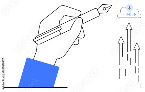 Hand with pen poised for writing beside upward arrows and a cloud with voice recognition. Ideal for innovation, technology, growth, creativity, education, writing, and progress. Simple flat metaphor