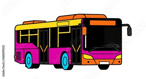 Colorful Cartoon Bus Illustration: A Vibrant City Transport Vehicle Design with Bright Pink, Yellow and Orange Colors.