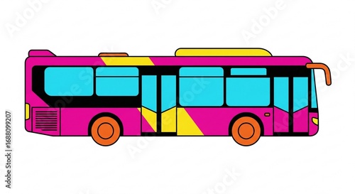 Vibrant Side View Cartoon Bus Illustration: A Simple and Colorful Urban Transport Vehicle Design with Bright Pink, Yellow and Blue Elements.