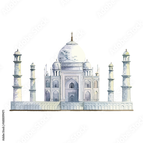 Watercolor illustration of the iconic Taj Mahal, a masterpiece of Mughal architecture