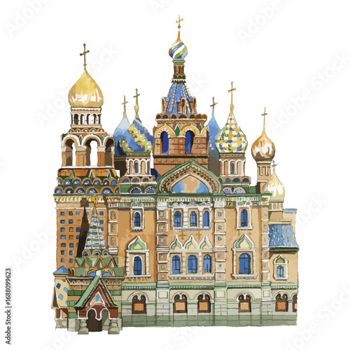 Artistic watercolor illustration of a grand historic orthodox cathedral