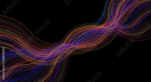 Dynamic Intertwined Wavy Colorful Lines on Black Background: Abstract Digital Art Flowing Energy