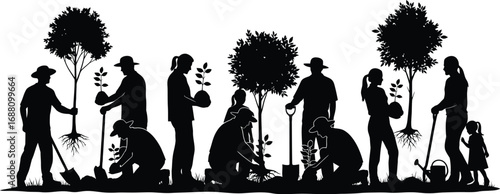 Silhouette of a group of people planting trees together, symbolizing community, environmental conservation, and sustainable living