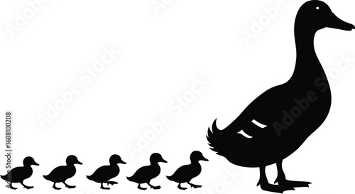 Silhouette of a mother duck leading her ducklings, creating a charming and heartwarming scene of family and nature