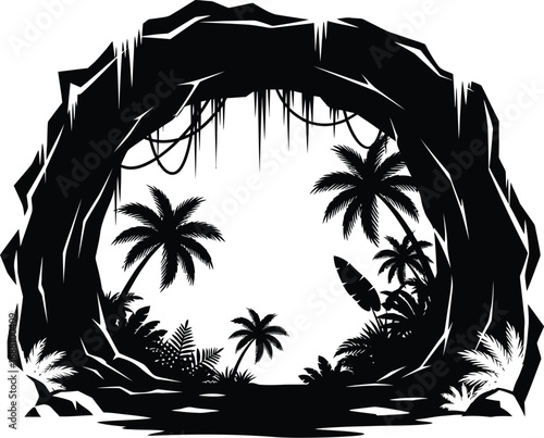 Silhouette of a cave entrance with tropical plants and palm trees, a mysterious and exotic natural landscape