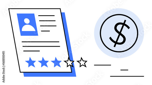 Profile card showing image, details, and four out of five stars with a dollar symbol. Ideal for HR, recruitment, reviews, finance, performance, customer feedback and a simple landing page