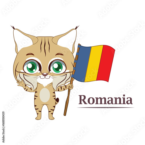 Cartoon Lynx Waving Romanian Flag with "Romania" Text