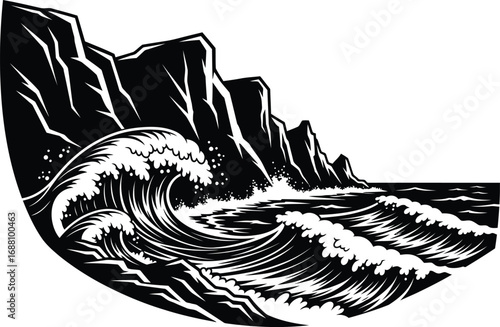 A dramatic seascape unfolds with crashing waves against rugged cliffs, an, capturing raw power and beauty of natures spectacle