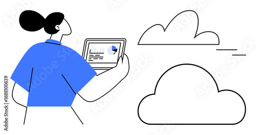 Woman holding open laptop with analytics display, viewing cloud icons. Ideal for technology, data management, cloud computing, remote work, innovation, modern business, simple flat metaphor