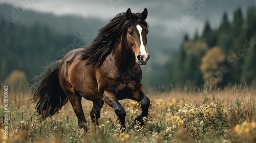 Majestic brown horse running field high resolution photo