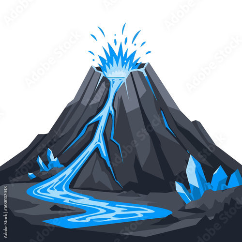 Volcanic Pixel Art With Blue Lava Flowing Down a Dark Rocky Mountain on White Background in Digital Illustration Style