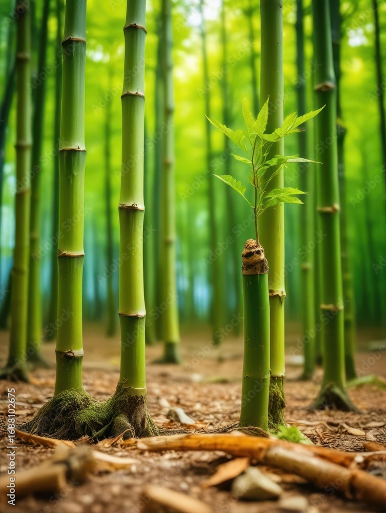 Obraz premium Dense cluster of bamboo sprouts emerging from the forest floor amidst lush green foliage