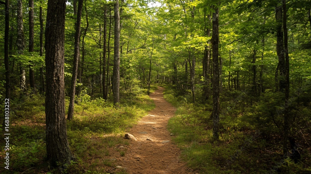 Obraz premium Sun-Dappled Trail through a Verdant Forest in Adirondack Mountains