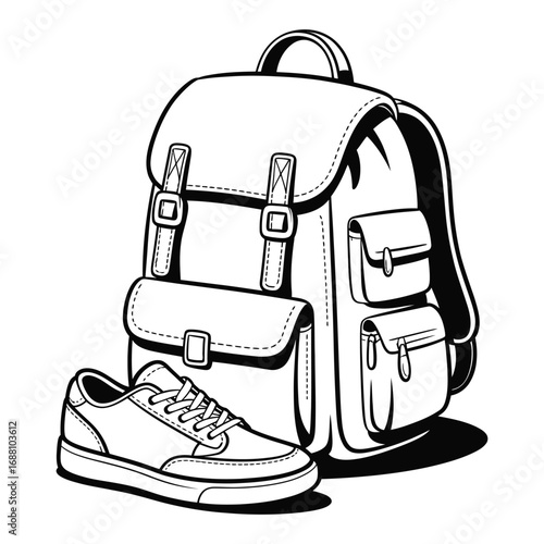 Black outline of backpack and sneaker shoes, minimal travel gear illustration in hand-drawn style on white background