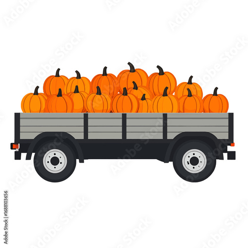 Pixel Art Depiction of Orange Pumpkins Loaded on a Flatbed Trailer with Gray Accents Against a White Background