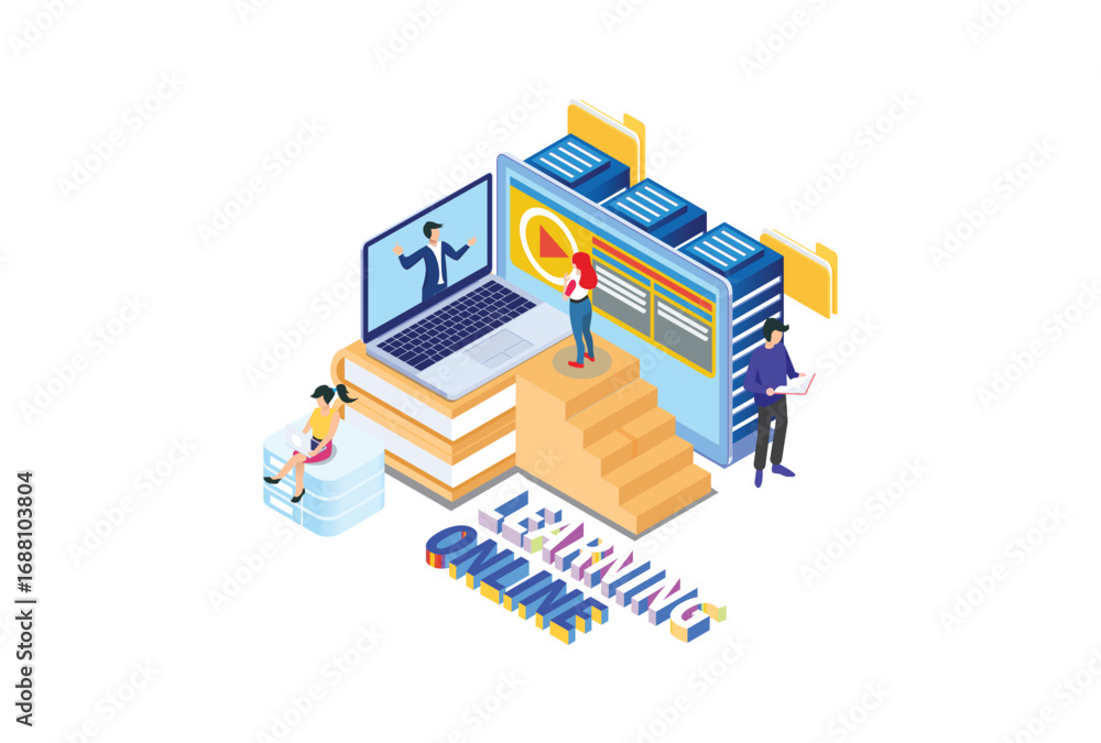 Naklejka premium Modern Isometric Online education concept With Laptop, Suitable for Diagrams, Infographics, Game Asset, And Other Graphic Related Assets 