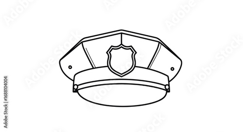 Black and white line art illustration of a police officers hat with a shield badge.