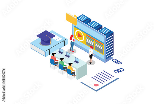 Modern Isometric Dictionary, encyclopedia library, or web archive. Technology and literature, digital culture in the Cloud media library, Suitable for Diagrams, Infographics, And Other Graphic Asset