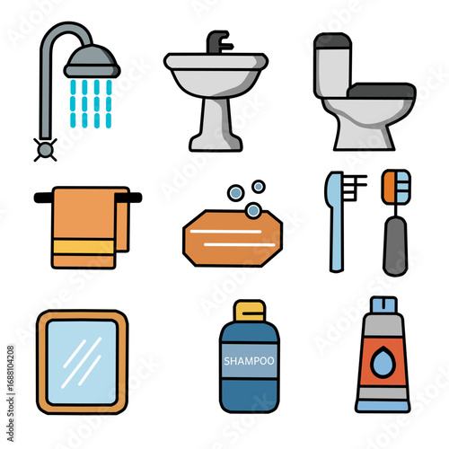 Minimalist Outline Bathroom Item and Equipment Flat Design Illustration