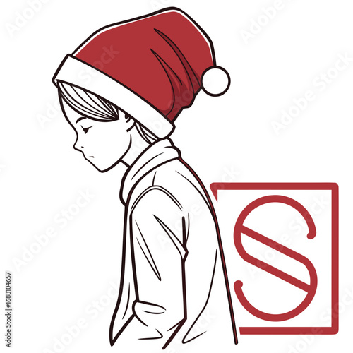 Sad child wearing Santa hat with prohibition symbol