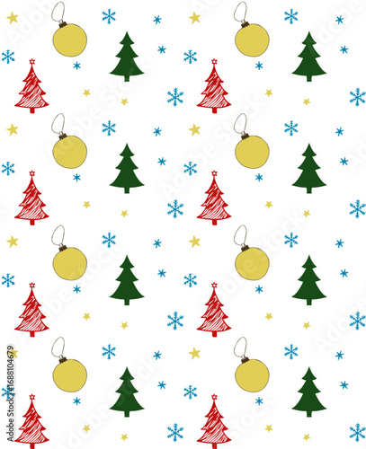 Christmas seamless vector pattern drawn in childish style with christmas trees, baubles, snowflakes and stars in red, yellow, green and blue colors