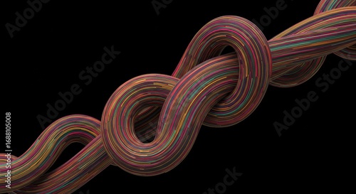 Abstract Colorful Rope-Like Forms Against Black Background, 3D Rendered Art