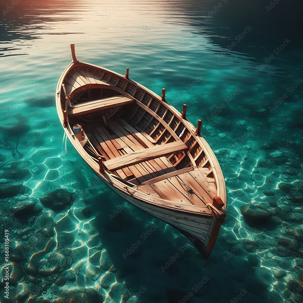 Obraz premium The Lonely Boat That Waits Upon the Crystal Blue Waters Where the Sunlight Falls Gently and the Depths of the Sea Shine With Clarity and Calmness The Vessel Stands Still Yet It Holds Within Its Frame 