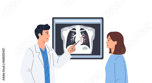 Doctor Explaining Lung X-Ray to Patient, Illustrating Medical Consultation for Diagnosis and Treatment of Respiratory Illnesses and Promoting Healthcare Awareness