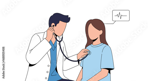 Medical Examination Illustration Featuring a Doctor Listening to a Patient's Heartbeat with a Stethoscope, Suitable for Healthcare Promotion and Medical Education Materials.