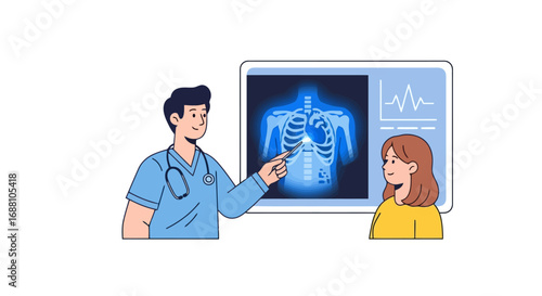 Doctor Explaining Chest X-Ray to Patient Illustration for Medical Education, Healthcare Awareness Campaigns, and Diagnostic Imaging Information Resources.