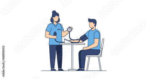 Healthcare Professional Measuring Patient's Blood Pressure for Routine Checkup Illustration, Suitable for Medical Education, Health Awareness Campaigns and Clinic Promotional Materials.